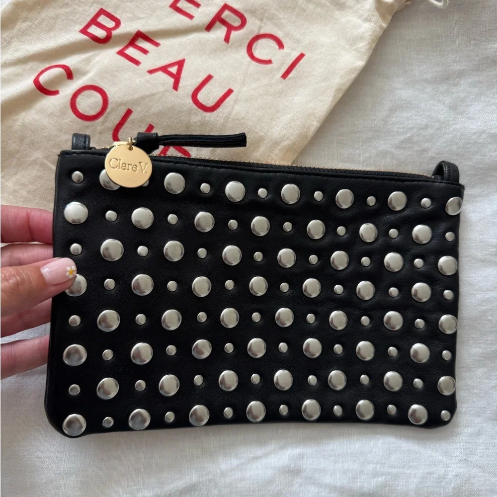 Clare V Black Leather Wallet Clutch with silver studs NWOT - Picture 2 of 8